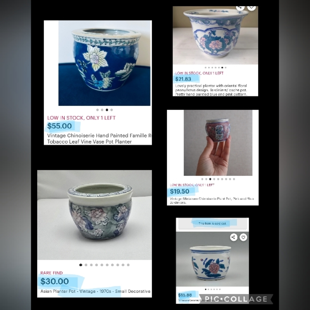 Vintage Pink & Blue Chinoiserie Small Porcelain Planter / Jardiniere - Picture 8 of 8